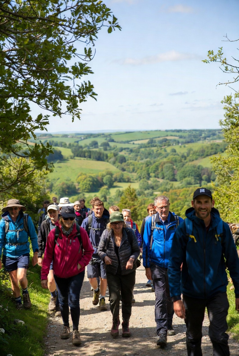 Intimate tour group exploring scenic British countryside